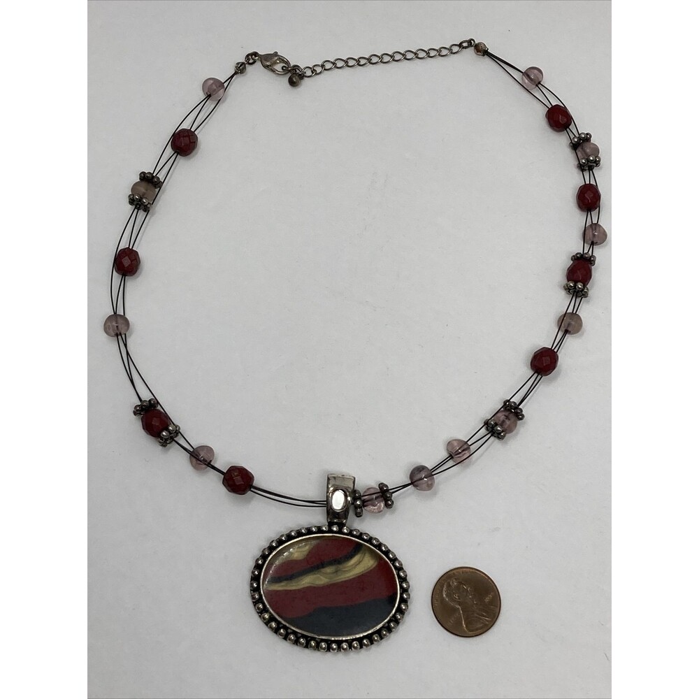 Pendant Necklace Signed HM Red Black Tan Oval with Beads Beaded - Picture 3 of 9